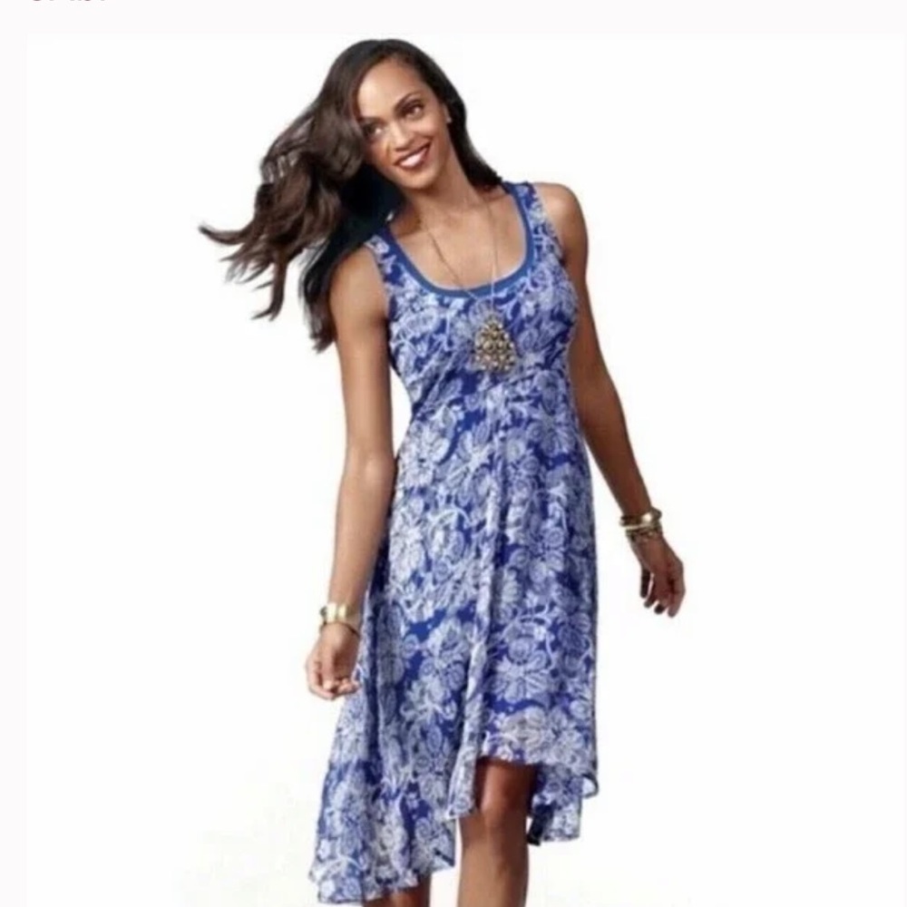 CAbi Womens Willow Double Dress Blue Floral Hi Lo Dress Sleeveless Size Medium
